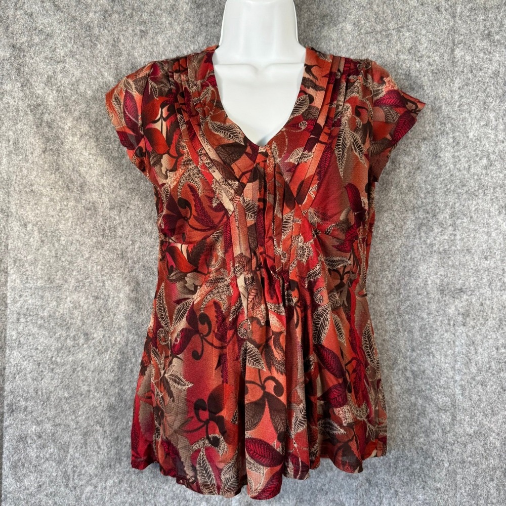 Y2K Babydoll Top Womens Medium Blouse Brown Floral Forest Fairy Sheer Pintuck